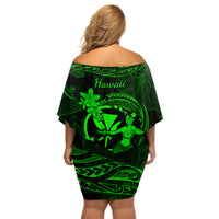 Hawaii Off Shoulder Short Dress Hula Girl Mix Polynesian Plumeria Green Version - Wonder Print Shop