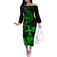 Hawaii Off The Shoulder Long Sleeve Dress Hula Girl Mix Polynesian Plumeria Green Version - Wonder Print Shop