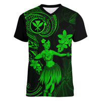 Hawaii Women V Neck T Shirt Hula Girl Mix Polynesian Plumeria Green Version - Wonder Print Shop