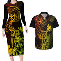 Hawaii Couples Matching Long Sleeve Bodycon Dress and Hawaiian Shirt King Kamehameha Mix Polynesian Plumeria Reggae Version - Wonder Print Shop