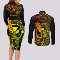Hawaii Couples Matching Long Sleeve Bodycon Dress and Long Sleeve Button Shirts King Kamehameha Mix Polynesian Plumeria Reggae Version - Wonder Print Shop