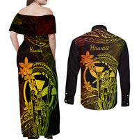 Hawaii Couples Matching Off Shoulder Maxi Dress and Long Sleeve Button Shirts King Kamehameha Mix Polynesian Plumeria Reggae Version - Wonder Print Shop