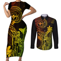 Hawaii Couples Matching Short Sleeve Bodycon Dress and Long Sleeve Button Shirts King Kamehameha Mix Polynesian Plumeria Reggae Version - Wonder Print Shop