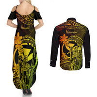 Hawaii Couples Matching Summer Maxi Dress and Long Sleeve Button Shirts King Kamehameha Mix Polynesian Plumeria Reggae Version - Wonder Print Shop