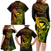 Hawaii Family Matching Long Sleeve Bodycon Dress and Hawaiian Shirt King Kamehameha Mix Polynesian Plumeria Reggae Version - Wonder Print Shop