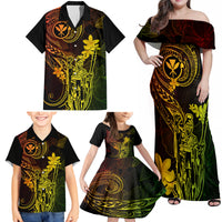 Hawaii Family Matching Off Shoulder Maxi Dress and Hawaiian Shirt King Kamehameha Mix Polynesian Plumeria Reggae Version - Wonder Print Shop