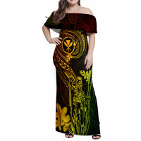 Hawaii Family Matching Off Shoulder Maxi Dress and Hawaiian Shirt King Kamehameha Mix Polynesian Plumeria Reggae Version - Wonder Print Shop