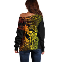 Hawaii Off Shoulder Sweater King Kamehameha Mix Polynesian Plumeria Reggae Version - Wonder Print Shop