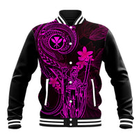 Hawaii Baseball Jacket King Kamehameha Mix Polynesian Plumeria Pink Version - Wonder Print Shop
