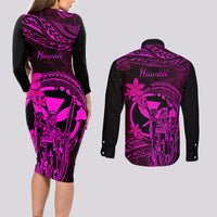 Hawaii Couples Matching Long Sleeve Bodycon Dress and Long Sleeve Button Shirts King Kamehameha Mix Polynesian Plumeria Pink Version - Wonder Print Shop