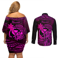 Hawaii Couples Matching Off Shoulder Short Dress and Long Sleeve Button Shirts King Kamehameha Mix Polynesian Plumeria Pink Version - Wonder Print Shop