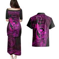 Hawaii Couples Matching Puletasi Dress and Hawaiian Shirt King Kamehameha Mix Polynesian Plumeria Pink Version - Wonder Print Shop