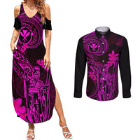 Hawaii Couples Matching Summer Maxi Dress and Long Sleeve Button Shirts King Kamehameha Mix Polynesian Plumeria Pink Version - Wonder Print Shop