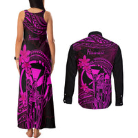 Hawaii Couples Matching Tank Maxi Dress and Long Sleeve Button Shirts King Kamehameha Mix Polynesian Plumeria Pink Version - Wonder Print Shop