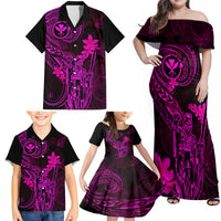 Hawaii Family Matching Off Shoulder Maxi Dress and Hawaiian Shirt King Kamehameha Mix Polynesian Plumeria Pink Version - Wonder Print Shop