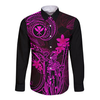 Hawaii Long Sleeve Button Shirt King Kamehameha Mix Polynesian Plumeria Pink Version - Wonder Print Shop