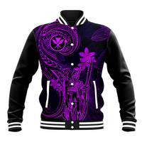 Hawaii Baseball Jacket King Kamehameha Mix Polynesian Plumeria Purple Version - Wonder Print Shop