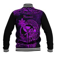 Hawaii Baseball Jacket King Kamehameha Mix Polynesian Plumeria Purple Version - Wonder Print Shop