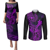 Hawaii Couples Matching Puletasi Dress and Long Sleeve Button Shirts King Kamehameha Mix Polynesian Plumeria Purple Version - Wonder Print Shop