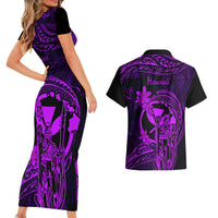 Hawaii Couples Matching Short Sleeve Bodycon Dress and Hawaiian Shirt King Kamehameha Mix Polynesian Plumeria Purple Version - Wonder Print Shop