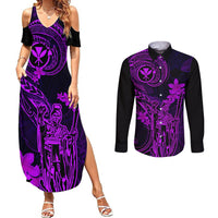 Hawaii Couples Matching Summer Maxi Dress and Long Sleeve Button Shirts King Kamehameha Mix Polynesian Plumeria Purple Version - Wonder Print Shop