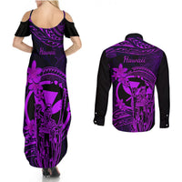 Hawaii Couples Matching Summer Maxi Dress and Long Sleeve Button Shirts King Kamehameha Mix Polynesian Plumeria Purple Version - Wonder Print Shop