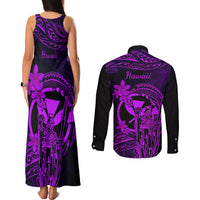 Hawaii Couples Matching Tank Maxi Dress and Long Sleeve Button Shirts King Kamehameha Mix Polynesian Plumeria Purple Version - Wonder Print Shop