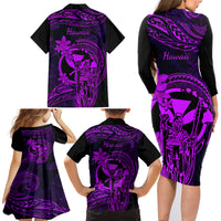 Hawaii Family Matching Long Sleeve Bodycon Dress and Hawaiian Shirt King Kamehameha Mix Polynesian Plumeria Purple Version - Wonder Print Shop
