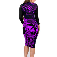Hawaii Family Matching Long Sleeve Bodycon Dress and Hawaiian Shirt King Kamehameha Mix Polynesian Plumeria Purple Version - Wonder Print Shop