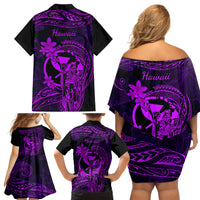 Hawaii Family Matching Off Shoulder Short Dress and Hawaiian Shirt King Kamehameha Mix Polynesian Plumeria Purple Version - Wonder Print Shop