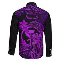 Hawaii Family Matching Off Shoulder Short Dress and Hawaiian Shirt King Kamehameha Mix Polynesian Plumeria Purple Version - Wonder Print Shop