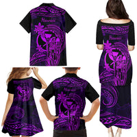 Hawaii Family Matching Puletasi Dress and Hawaiian Shirt King Kamehameha Mix Polynesian Plumeria Purple Version - Wonder Print Shop