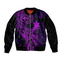 Hawaii Sleeve Zip Bomber Jacket King Kamehameha Mix Polynesian Plumeria Purple Version - Wonder Print Shop