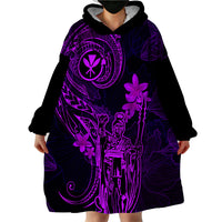 Hawaii Wearable Blanket Hoodie King Kamehameha Mix Polynesian Plumeria Purple Version - Wonder Print Shop