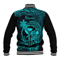 Hawaii Baseball Jacket King Kamehameha Mix Polynesian Plumeria Turquoise Version - Wonder Print Shop