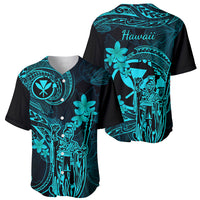 Hawaii Baseball Jersey King Kamehameha Mix Polynesian Plumeria Turquoise Version - Wonder Print Shop