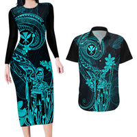Hawaii Couples Matching Long Sleeve Bodycon Dress and Hawaiian Shirt King Kamehameha Mix Polynesian Plumeria Turquoise Version - Wonder Print Shop