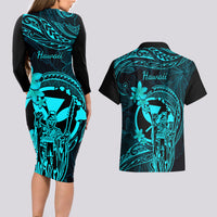 Hawaii Couples Matching Long Sleeve Bodycon Dress and Hawaiian Shirt King Kamehameha Mix Polynesian Plumeria Turquoise Version - Wonder Print Shop