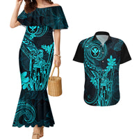 Hawaii Couples Matching Mermaid Dress and Hawaiian Shirt King Kamehameha Mix Polynesian Plumeria Turquoise Version - Wonder Print Shop