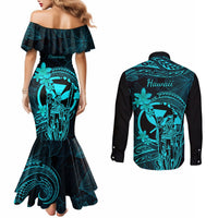 hawaii-couples-matching-mermaid-dress-and-long-sleeve-button-shirts-king-kamehameha-mix-polynesian-plumeria-turquoise-version