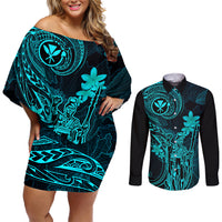 Hawaii Couples Matching Off Shoulder Short Dress and Long Sleeve Button Shirts King Kamehameha Mix Polynesian Plumeria Turquoise Version - Wonder Print Shop
