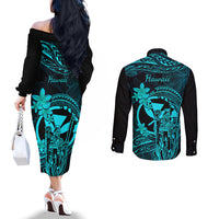 hawaii-couples-matching-off-the-shoulder-long-sleeve-dress-and-long-sleeve-button-shirts-king-kamehameha-mix-polynesian-plumeria-turquoise-version