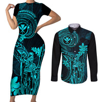 Hawaii Couples Matching Short Sleeve Bodycon Dress and Long Sleeve Button Shirts King Kamehameha Mix Polynesian Plumeria Turquoise Version - Wonder Print Shop