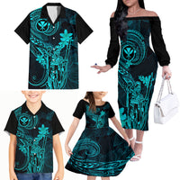 Hawaii Family Matching Off Shoulder Long Sleeve Dress and Hawaiian Shirt King Kamehameha Mix Polynesian Plumeria Turquoise Version - Wonder Print Shop