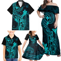 Hawaii Family Matching Off Shoulder Maxi Dress and Hawaiian Shirt King Kamehameha Mix Polynesian Plumeria Turquoise Version - Wonder Print Shop