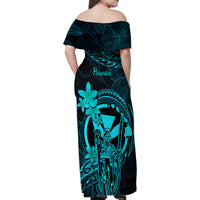 Hawaii Family Matching Off Shoulder Maxi Dress and Hawaiian Shirt King Kamehameha Mix Polynesian Plumeria Turquoise Version - Wonder Print Shop