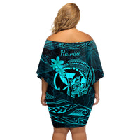 Hawaii Family Matching Off Shoulder Short Dress and Hawaiian Shirt King Kamehameha Mix Polynesian Plumeria Turquoise Version - Wonder Print Shop