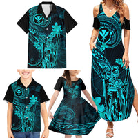 Hawaii Family Matching Summer Maxi Dress and Hawaiian Shirt King Kamehameha Mix Polynesian Plumeria Turquoise Version - Wonder Print Shop