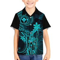 Hawaii Family Matching Summer Maxi Dress and Hawaiian Shirt King Kamehameha Mix Polynesian Plumeria Turquoise Version - Wonder Print Shop