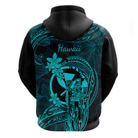 Hawaii Hoodie King Kamehameha Mix Polynesian Plumeria Turquoise Version - Wonder Print Shop